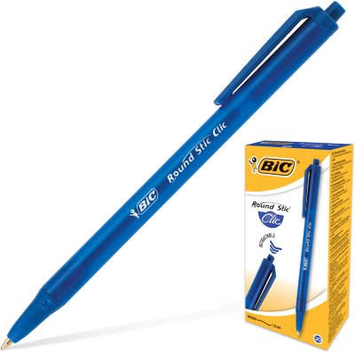 Ручка шариковая автоматическая BIC "Round Stic Clic", СИНЯЯ, корпус тонированный синий, узел 1 мм, линия письма 0,32 мм