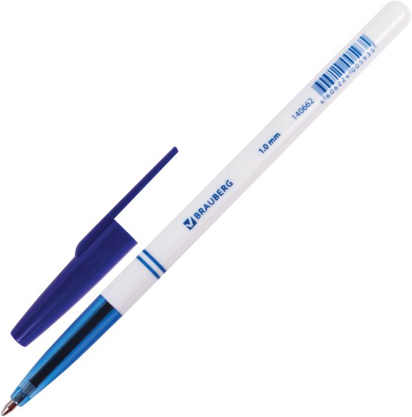 Ручка шариковая BRAUBERG "Офисная", СИНЯЯ, корпус белый, узел 1 мм, линия письма 0,5 мм
