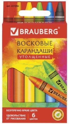 Восковые карандаши утолщенные BRAUBERG "АКАДЕМИЯ", НАБОР 6 цветов, 227286