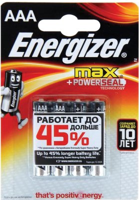 Батарейки ENERGIZER Max, AAA (LR03, 24А), алкалиновые, КОМПЛЕКТ 4 шт., в блистере