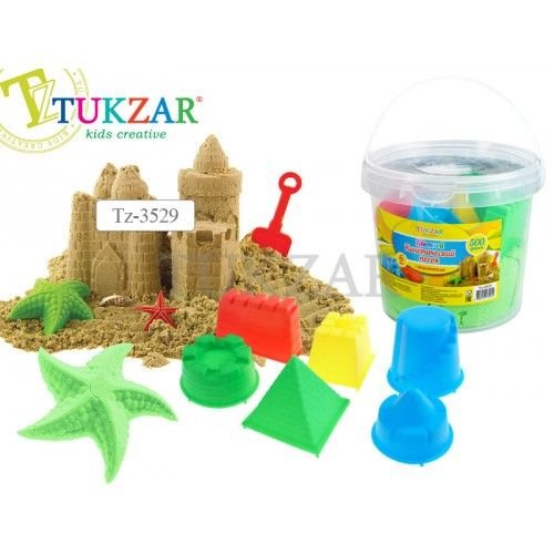 Tukzar Песок кинетический для лепки, цветной, 500гр с формочками, банка-ведерко TZ 3529