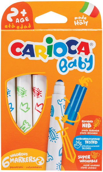 Фломастеры Carioca "Baby", 06цв., утолщенные, смываемые, картон, европодвес