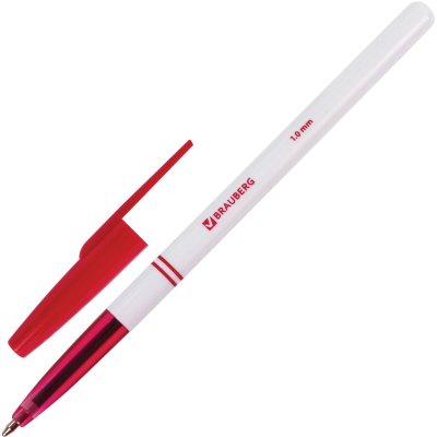 Ручка шариковая BRAUBERG "Офисная", КРАСНАЯ, корпус белый, узел 1 мм, линия письма 0,5 мм