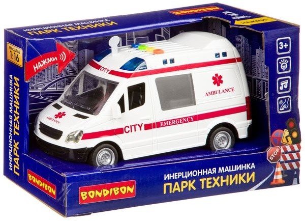 Инерционная машинка Bondibon «ПАРК ТЕХНИКИ», скорая, свет, звук BOX 27,5х12х17