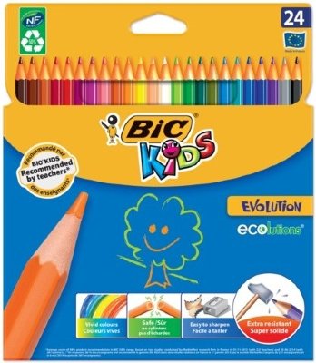 Карандаши цветные BIC "Kids ECOlutions Evolution", 24 цвета, пластиковые, заточенные, европодвес