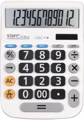 Калькулятор настольный STAFF PLUS DC-999-12 (194x136 мм), БОЛЬШИЕ КНОПКИ, 12 разрядов, двойное питание