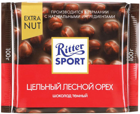 Шоколад RITTER SPORT "Extra Nut", темный, с цельным лесным орехом, 100 г, Германия, 7026