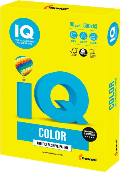 Бумага IQ color БОЛЬШОЙ ФОРМАТ (297х420 мм), А3, 80 г/м2, 500 л., неон, желтая, NEOGB