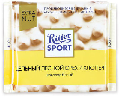 Шоколад RITTER SPORT "Extra Nut", белый, с цельным лесным орехом и хлопьями, 100 г, Германия, 7016