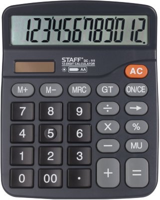 Калькулятор настольный STAFF PLUS DC-111 (180x145 мм), 12 разрядов, двойное питание, +БАТАРЕЙКА АА
