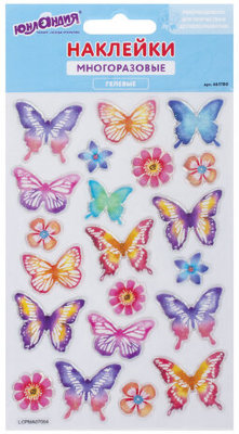 Наклейки гелевые "Пастельные бабочки", с блестками, 10х15 см, ЮНЛАНДИЯ, 661780