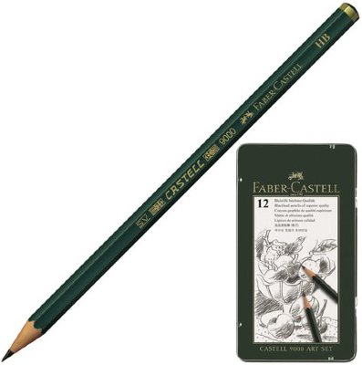 Карандаши чернографитные FABER-CASTELL, НАБОР 12 шт., "Castell 9000 Art Set", 2H-8B, металлическая коробка