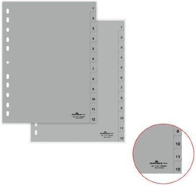 Разделитель пластиковый DURABLE, А4, 12 листов, цифровой 1-12, серый