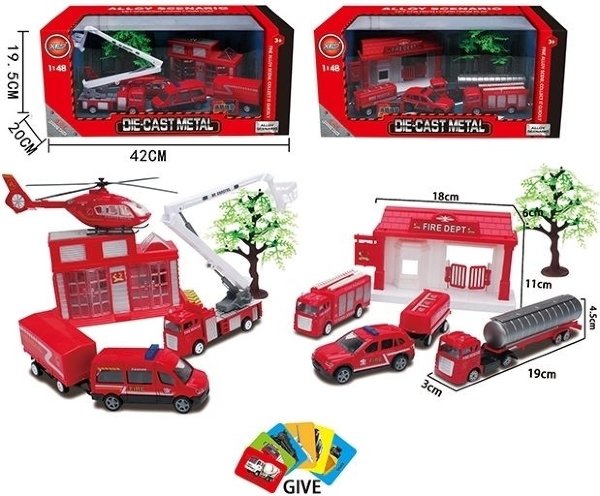 Набор Пожарная часть в коробке в н-ре:3 машины,прицеп,станци