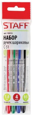 Ручки шариковые STAFF C-51, НАБОР 4 шт., АССОРТИ, узел 1 мм, линия письма 0,5 мм, 142816