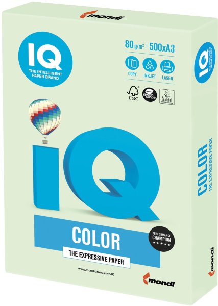 Бумага IQ color БОЛЬШОЙ ФОРМАТ (297х420 мм), А3, 80 г/м2, 500 л., пастель, светло-зеленая, GN27