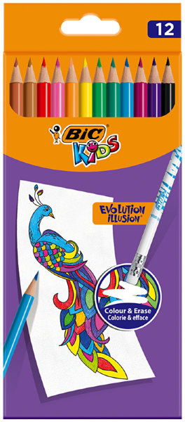 Карандаши цветные пластиковые Bic "Evolution Illusion", 12цв., стираемые, заточен., картон. короб