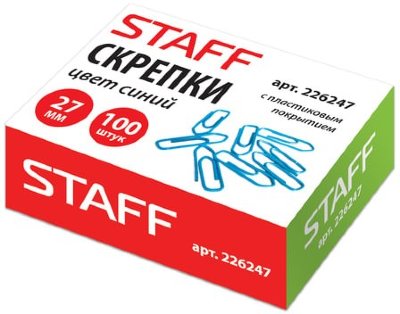 Скрепки STAFF, 27 мм, синие, 100 шт., в картонной коробке, 226247