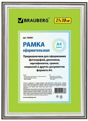 Рамка 21х30 см, пластик, багет 20 мм, BRAUBERG "HIT3", серебро, стекло, 390991