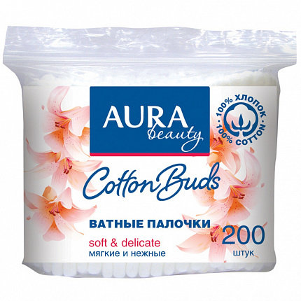 AURA Ватные палочки 200шт (п/э пакет) 48шт в кор