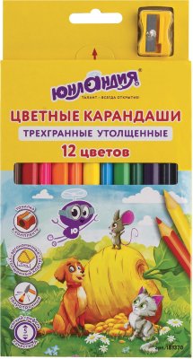 Карандаши цветные утолщенные ЮНЛАНДИЯ "СКАЗОЧНЫЙ МИР", 12 цветов, трехгранные, с ТОЧИЛКОЙ