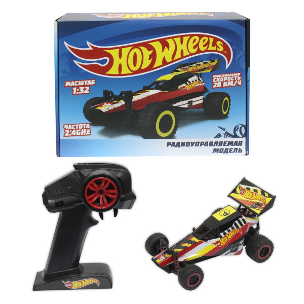 Hot Wheels, багги на р/у, 2,4GHz, 2WD, скорость до 20км/ч, масштаб 1:32, курковый пульт, амортизаторы, с АКБ 100mAh, Lit, конуса, красная