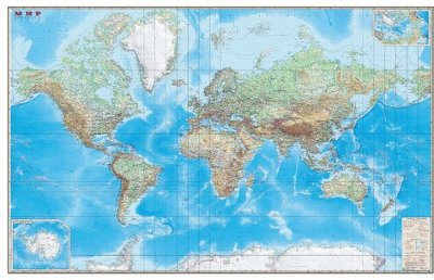 Карта настенная "Мир. Обзорная карта. Физическая с границами", М-1:15 млн., разм. 192х140 см, ламинированная, тубус