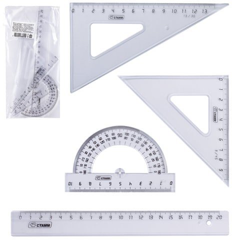 Набор чертежный средний СТАММ (линейка 20 см, 2 угольника, транспортир), прозрачный