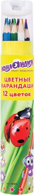 Карандаши цветные ЮНЛАНДИЯ "МИР ЖИВОТНЫХ", 12 цветов, классические в тубусе с точилкой