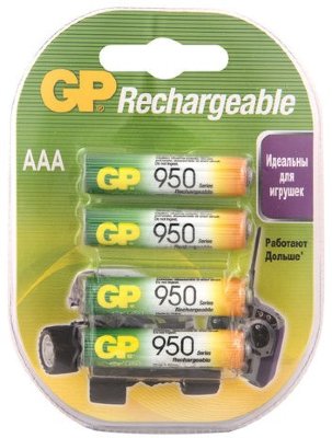 Батарейки аккумуляторные GP, AAA, Ni-Mh, 950 mAh, комплект 4 шт., в блистере