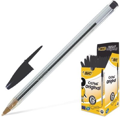 Ручка шариковая BIC "Cristal", ЧЕРНАЯ, корпус прозрачный, узел 1 мм, линия письма 0,32 мм