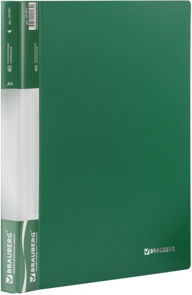 Папка 40 вкладышей BRAUBERG стандарт, зеленая, 0,7 мм