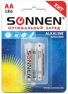 Батарейки SONNEN Alkaline, АА (LR06, 15А), алкалиновые, КОМПЛЕКТ 2 шт., в блистере, 451084