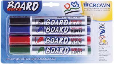 Маркеры для доски CROWN, НАБОР 4 шт., АССОРТИ, "Multi Board", круглые, 3 мм