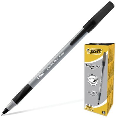 Ручка шариковая с грипом BIC "Round Stic Exact", ЧЕРНАЯ, корпус серый, узел 0,8 мм, линия письма 0,3 мм