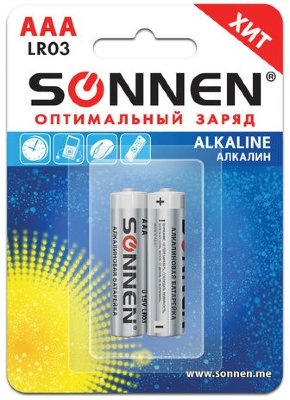 Батарейки SONNEN Alkaline, AAA (LR03, 24А), алкалиновые, КОМПЛЕКТ 2 шт., в блистере, 451087