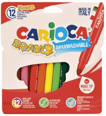 Фломастеры утолщенные CARIOCA (Италия) "Bravo", 12 цветов, суперсмываемые, 42755