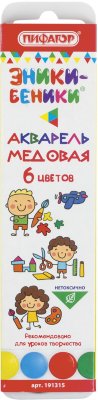 Краски акварельные ПИФАГОР "ЭНИКИ-БЕНИКИ", 6 цветов, медовые, без кисти, картонная коробка, пластиковая подложка