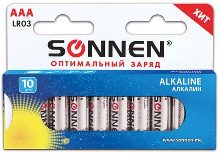 Батарейки SONNEN Alkaline, AAA (LR03, 24А), алкалиновые, КОМПЛЕКТ 10 шт., в коробке, 451089