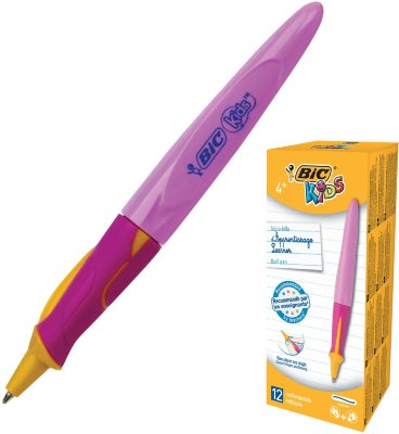 Ручка шариковая с грипом BIC "Kids Twist", СИНЯЯ, для детей, корпус розовый, узел 1 мм, линия письма 0,32 мм