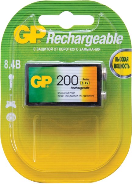 Батарейка аккумуляторная GP, Крона (20R8H, 6F22), Ni-Mh, 200 mAh, 1 шт., в блистере