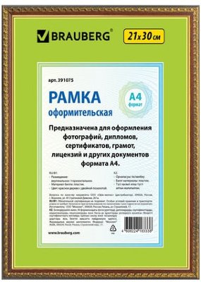 Рамка 21х30 см, пластик, багет 16 мм, BRAUBERG "HIT5", красное дерево с двойной позолотой, стекло, 391075