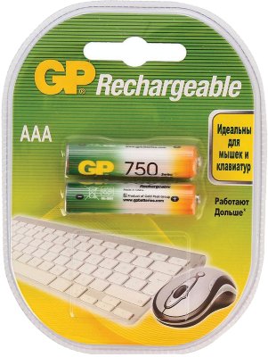 Батарейки аккумуляторные GP, AAA, Ni-Mh, 750 mAh, комплект 2 шт., в блистере