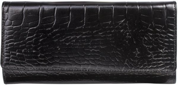 Портмоне женское FABULA "Croco Nile", 217х105 мм, натуральная кожа, кнопка, крокодил, черное