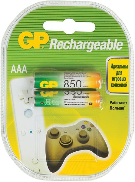 Батарейки аккумуляторные GP, AAA, Ni-Mh, 850 mAh, комплект 2 шт., в блистере