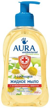 Мыло-крем жидкое, 300 мл, AURA "Antibacterial", антибактериальное, "Экстракт ромашки", дозатор