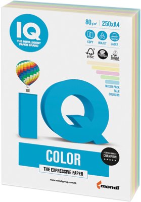 Бумага IQ color, А4, 80 г/м2, 250 л., (5 цв. x 50 л.), цветная, пастель, RB01