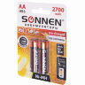 Батарейки аккумуляторные SONNEN, АА (HR06), Ni-Mh, 2700 mAh, 2 шт., в блистере, 454235