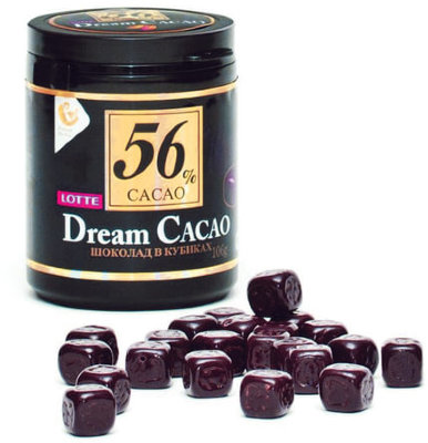 Шоколад LOTTE "Dream Cacao", горький (какао 56%), в кубиках, в пластиковой банке, 106 г