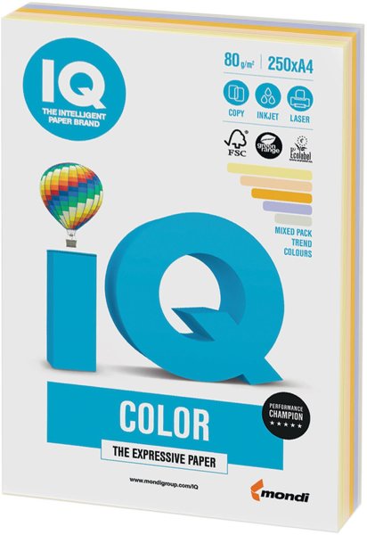 Бумага IQ color, А4, 80 г/м2, 250 л., (5 цв. х 50 л.), цветная, умеренно-интенсив (тренд) RB03